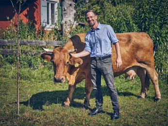 Murnau-Werdenfelser-Rind Ein Mann steht lachend neben einem braunen Murnau-Werdenfelser Rind auf einer Wiese.
