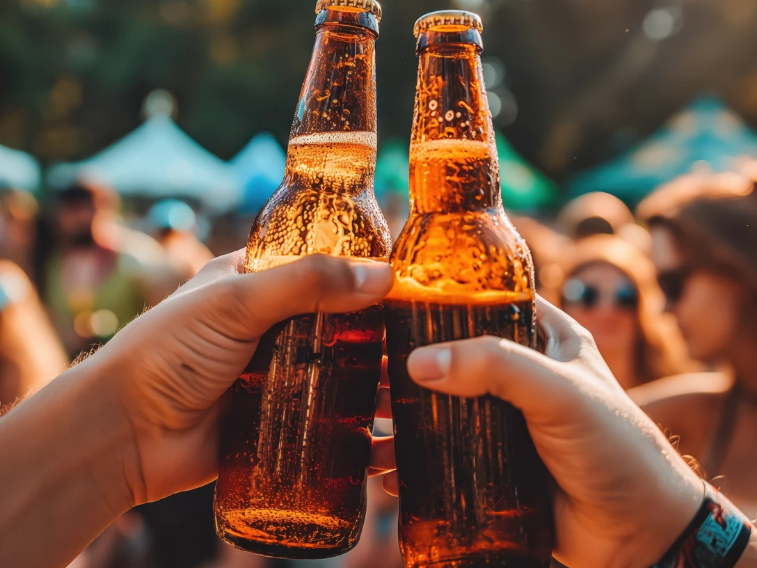Bierfest Greetsiel Zwei Bierflaschen, die anstoßen. Im Hintergrund feiernde Menschen.