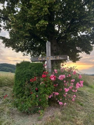 kreuz_godelheim_mariealthaus.jpg Schönes Holzkreuz unter einem Baum mit Bepflanzung