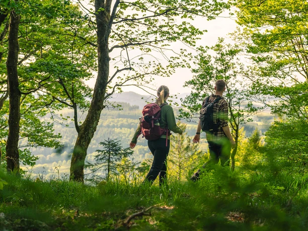 Pfad auf der Bergkuppe Rösberg Zwei Wandernde auf grünem Waldpfad mit weitem Blick über Sauerländer Hügel