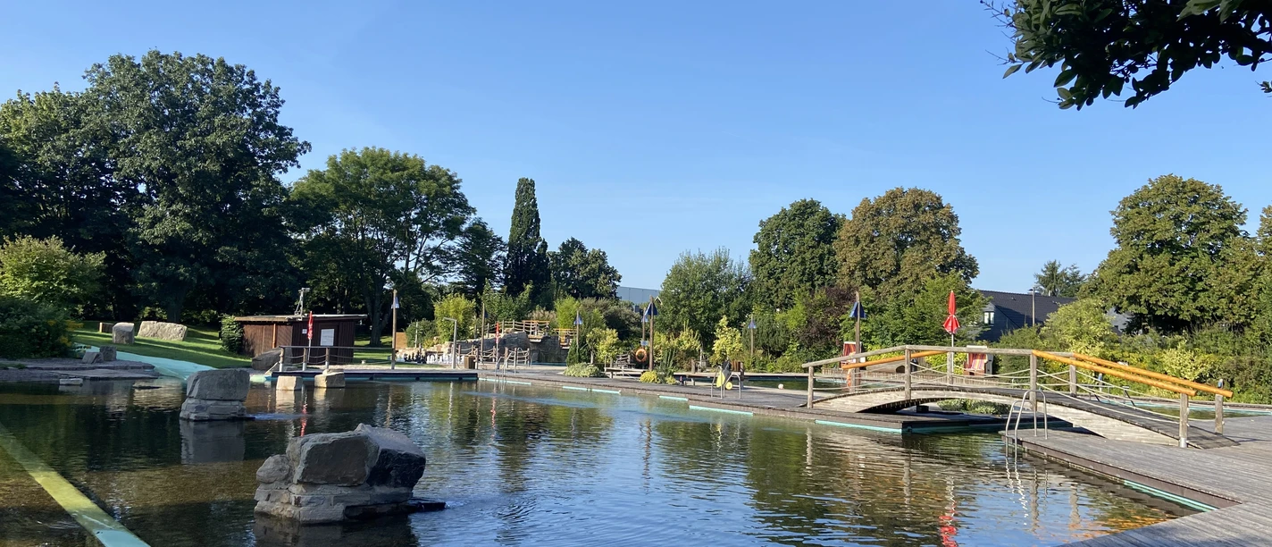 IMG_5788 4.jpeg Ein weitläufiger Park mit Teich, Holzsteg und Brücken, umgeben von vielfältigen grünen Bäumen.