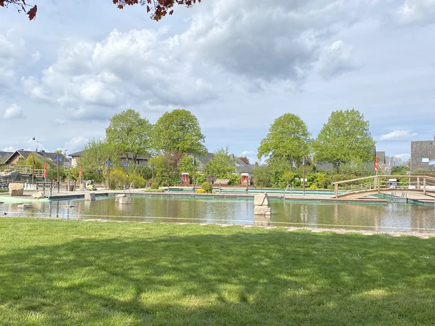 IMG_3627.jpg Ein kleiner Naturteich mit Holzsteg und umliegenden Bäumen unter wolkigem Himmel in Wunstorf.