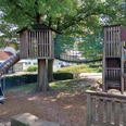Der Spielplatz Tannenbergplatz zeigt einen einladenden Abenteuerspielplatz unter einem großen Baum. Zwei hölzerne Spielhäuser sind durch eine stabile Seilbrücke verbunden, während eine spiralförmige Rutsche von einem der Häuser hinabführt. Der Boden ist mit weichem Holzschnitzel bedeckt, was ein sicheres Spielumfeld schafft.