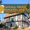 Fantasy-Lesungen.PNG Historisches Fachwerkgebäude mit Banner über Fantasy-Lesung und Kulturfestival im Sonnenschein.