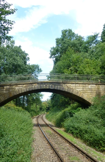 Steinerne Eisenbahnbrücke überspannt eine von Bäumen gesäumte Bahnstrecke in grüner Landschaft.