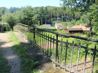 Alte Eisenbahnbrücke mit historischem Geländer führt über üppig grüne Vegetation, Wald im Hintergrund.