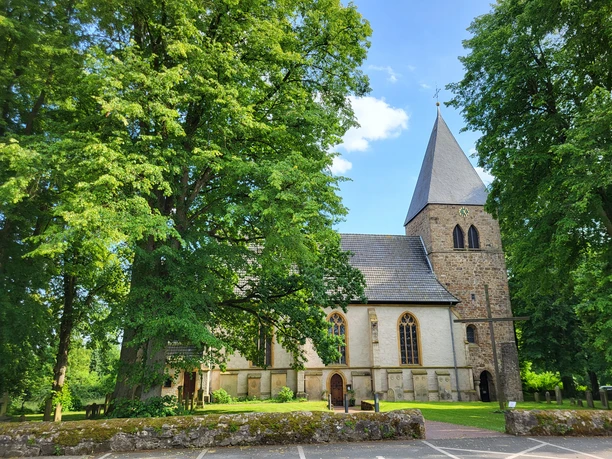 poi-01_Stiftskirche.jpg Stiftskirche von Bäumen umgeben mit spitzem Turm und traditioneller Architektur vor blauem Himmel.