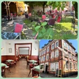 IMG-20250620-WA0006.jpg Ein historisches Café mit Außenbereich im Garten, roten Stühlen und einem Fachwerkgebäude.