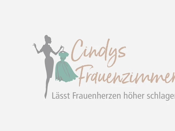 Logo von Cindy's Frauenzimmer mit Frauenfigur, türkisfarbenem Kleid und Schriftzug in Beige.