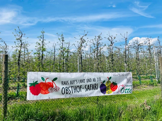 Obsthof Otte Infobanner.jpg Banner eines Obsthofs bewirbt eine "Obsthof-Safari" vor einer Obstplantage, umrahmt von blauem Himmel.