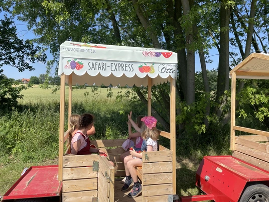 Safari-Express.jpeg Kinder sitzen auf einem Anhängerzug des Safari-Expresses, umgeben von Bäumen und Feldern an einem sonnigen Tag.