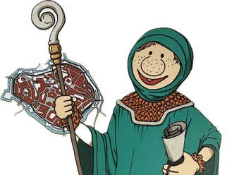 Willi Spürnase freigestellt - beschnitten quer.png Comicfigur Willi Spürnase in Mittelalterkleidung mit Karte und Schriftrolle, auf schwarzem Hintergrund.