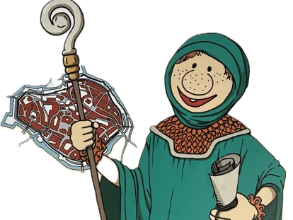 Willi Spürnase freigestellt - beschnitten quer.png Comicfigur Willi Spürnase in Mittelalterkleidung mit Karte und Schriftrolle, auf schwarzem Hintergrund.