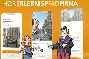 Twee stripfiguren staan voor drie smartphones met een app die het "Pirna audio experience trail" laat zien. De achtergrond is oranje.