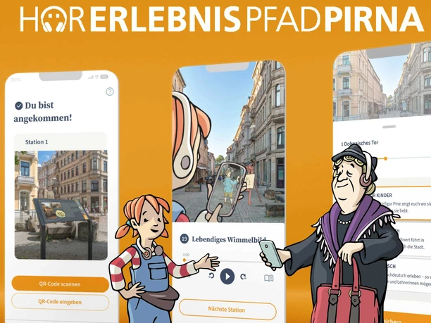 Twee stripfiguren staan voor drie smartphones met een app die het "Pirna audio experience trail" laat zien. De achtergrond is oranje.