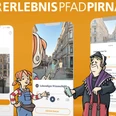 Pine_und_Ilse_(C)_Citymanagement_Pirna_Hartmut_Landgraf.jpg Zwei Comicfiguren stehen vor drei Smartphones mit einer App, die den "Hörerlebnispfad Pirna" zeigt. Der Hintergrund ist orange.