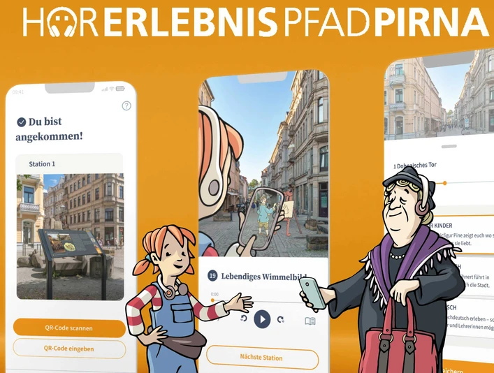 Pine_und_Ilse_(C)_Citymanagement_Pirna_Hartmut_Landgraf.jpg Zwei Comicfiguren stehen vor drei Smartphones mit einer App, die den "Hörerlebnispfad Pirna" zeigt. Der Hintergrund ist orange.