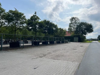 Dingsfelderweg.jpg Auf dem Bild ist ein ruhiger Parkplatz mit Bäumen entlang eines Zauns zu sehen. Das Wetter ist leicht bewölkt.