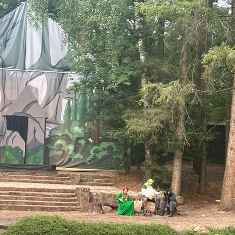 1e2dff30-3007-4eaa-8ebe-e6ea3b535406.jpg Freilichtbühne im Wald mit Figuren in Shrek-Kostümen vor bemalter Felsenbühne