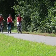 Drei Radfahrer in rot auf einem asphaltierten Weg, gesäumt von grünen Bäumen und Wiesen.