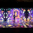 VIVA FRIDA KAHLO Eine bunte, immersive Darstellung der Künstlerin Frida Kahlo umgeben von floralen und geometrischen Mustern.A colorful, immersive depiction of the artist Frida Kahlo surrounded by floral and geometric patterns.