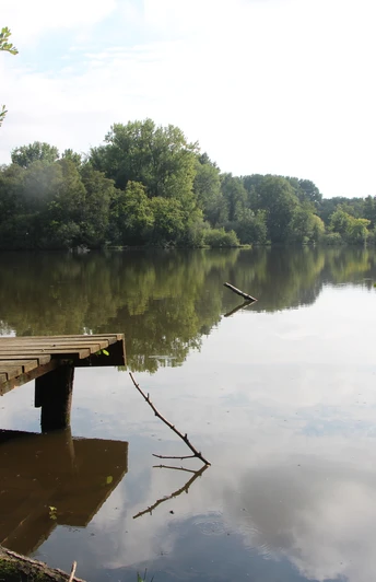 POI_0_Hücker Moor.JPG Holzsteg am Ufer eines ruhigen Sees, umgeben von üppigem Grün und Bäumen. Friedliche Atmosphäre.