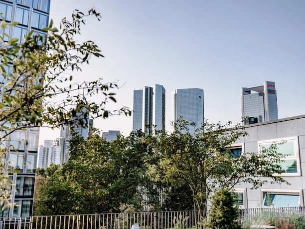 Skyline view with trees and Deutsche Bank towers in the foreground