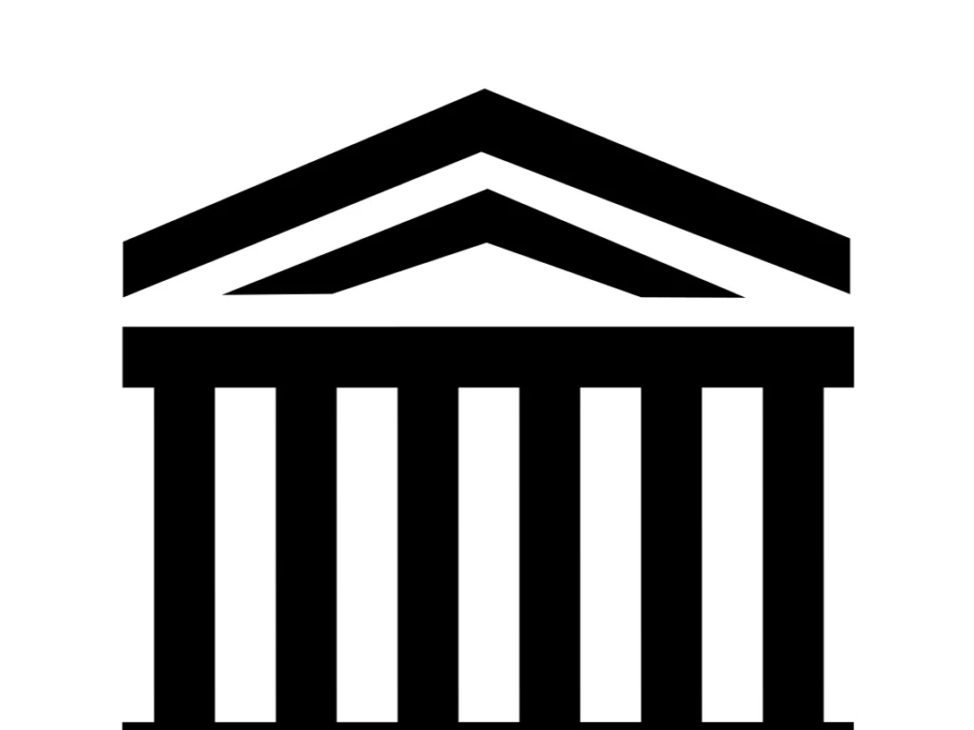 Stockfoto Kulturzentrum Schwarzes Symbol eines klassischen Gebäudes mit Säulen und Dreiecksgiebel auf weißem Hintergrund