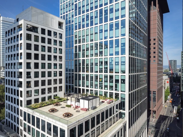 Rooftop terrace at TaunusTurm overlooking Frankfurt's banking district
