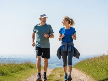 Wanderer auf dem VitalWeg in Einbeck Zwei Personen joggen lächelnd auf einem sonnigen Feldweg am VitalWeg Einbeck mit weitem Horizont.