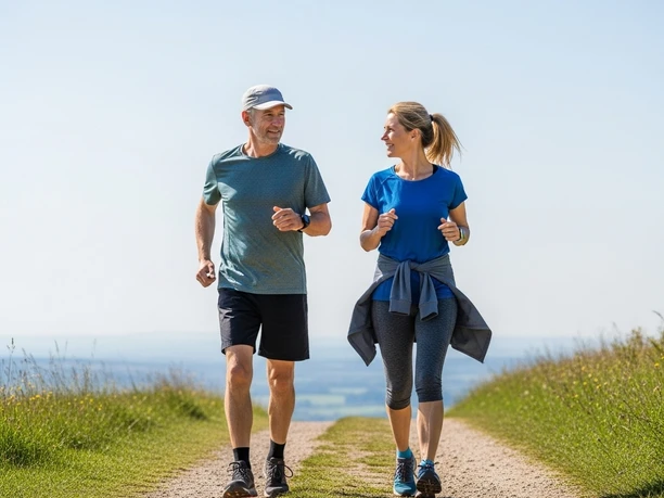 Wanderer auf dem VitalWeg in Einbeck Zwei Personen joggen lächelnd auf einem sonnigen Feldweg am VitalWeg Einbeck mit weitem Horizont.