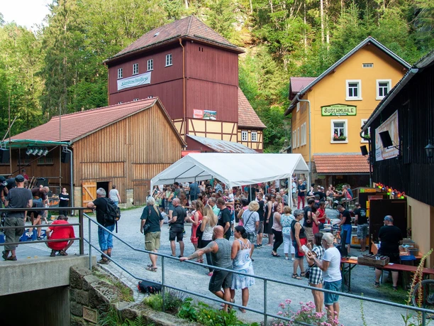 Návštěvníci si užijí festival Kirnitzschtal pod širým nebem před historickou budovou Buschmühle uprostřed zelené přírody.