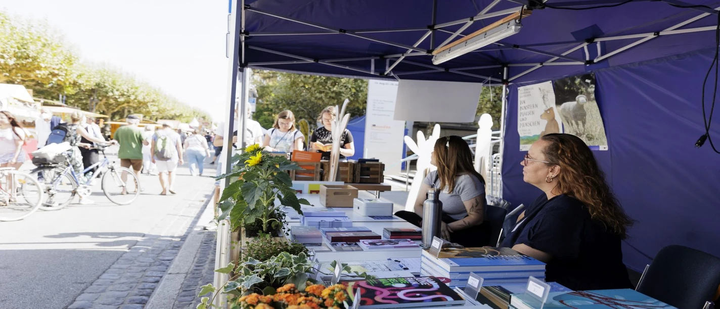 Verkaufsstand für Bücher Buchstand unter Zelt auf Straßenfest mit Besuchern