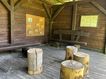 Überdachter Sitzbereich im Tiergehege Überdachter Holzbereich mit rustikalen Baumstamm-Sitzen und Bank aus Holz, Infotafeln an der Wand.