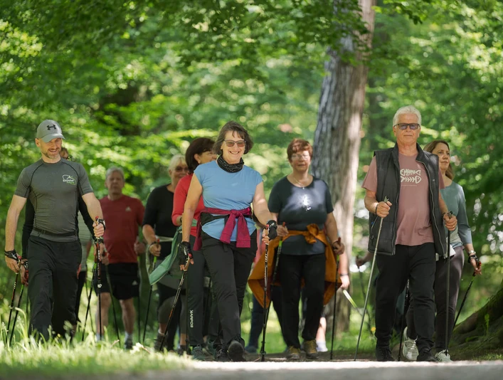 Nordic-Walking-Bad-Aibling-Bewegung-Sport.jpg Eine Gruppe von Menschen genießt Nordic Walking in einem sonnigen, grünen Wald in Bad Aibling.