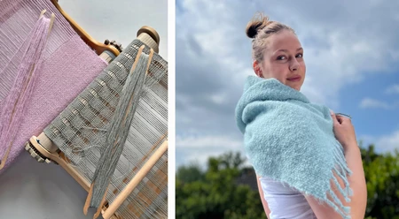 Stola design Zwei Webrahmen mit Garn in Pastelltönen und eine Frau mit hellblauem, handgewebtem Schal im Freien.