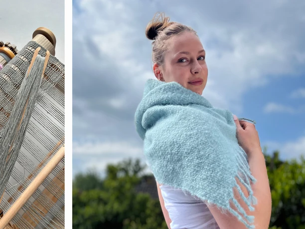Stole design Two weaving frames with yarn in pastel shades and a woman with a light blue, hand-woven scarf outdoors.