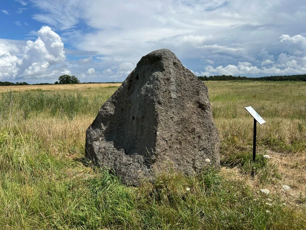 Findling Brokeloh Ein großer Findling steht inmitten einer grünen Wiese unter einem teils bewölkten Himmel.