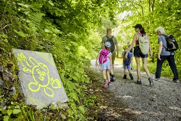 Familienwandeurng durch den Wald beim Goldi Gwundernasenweg in Emmetten