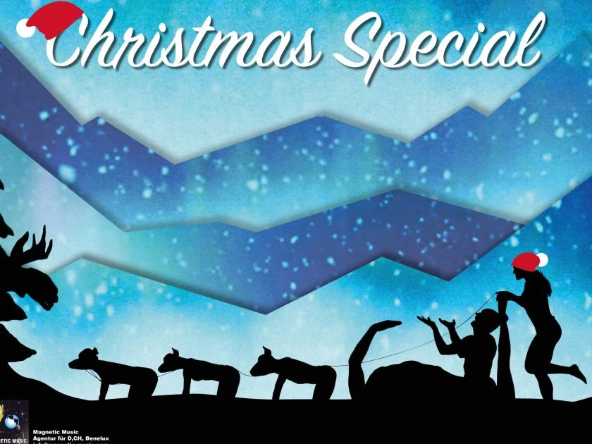 Moving Shadows Schwarze Schatten von Menschen und Hunden auf Schlitten vor blauem Hintergrund. Oben steht "Christmas Special".