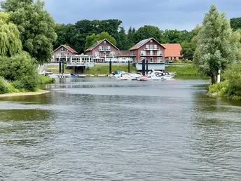 Häuser am Ufer mit Booten im Hafen, umgeben von Bäumen und grünem Wald im Hintergrund.