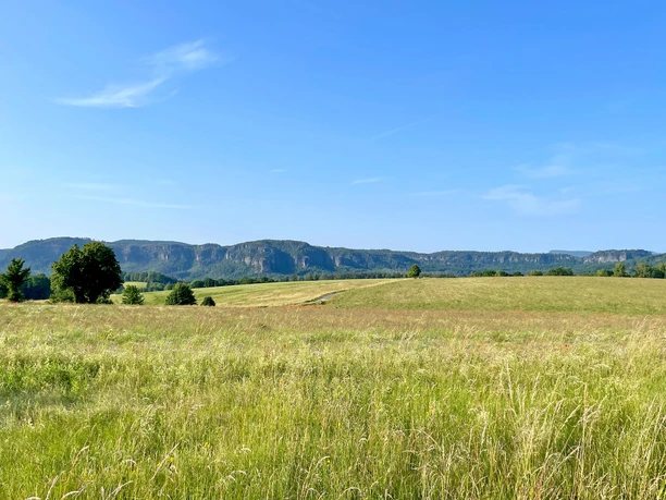 Panoramablick von Lichtenhain zu den Felsriffen der Affen- und Schrammsteine