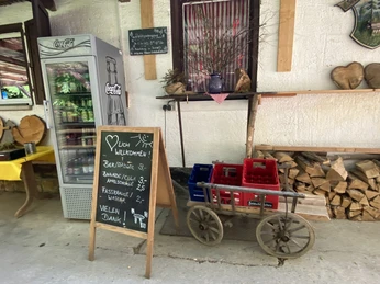 Bergwirtschaft Steinerner Tisch Selbstbedienung Getränkekühlschrank und Preistafel neben alten Holzverzierungen und Holzwagen mit leeren Getränkekisten.Drinks fridge and price board next to old wooden decorations and wooden trolleys with empty drinks crates.Lednice na nápoje a cenová tabule vedle starých dřevěných dekorací a dřevěných vozíků s prázdnými bednami od nápojů.Lodówka z napojami i tablica z cenami obok starych drewnianych dekoracji i drewnianych wózków z pustymi skrzynkami po napojach.Drankenkoelkast en prijsbord naast oude houten decoraties en houten karretjes met lege drankkratten.Frigorifero per le bevande e tabellone dei prezzi accanto a vecchie decorazioni in legno e carrelli in legno con casse di bevande vuote.
