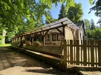 Holzveranda einer Waldgaststätte unter Bäumen, mit Sitzbänken und Sonnenschutz im Sommerlicht.Wooden veranda of a forest restaurant under trees, with benches and sun protection in the summer light.Dřevěná veranda lesní restaurace pod stromy, s lavičkami a ochranou proti slunci v letním světle.Drewniana weranda leśnej restauracji pod drzewami, z ławkami i ochroną przed słońcem w letnim świetle.Houten veranda van een bosrestaurant onder bomen, met banken en bescherming tegen de zon in het zomerlicht.Veranda in legno di un ristorante forestale sotto gli alberi, con panche e protezione dal sole nella luce estiva.
