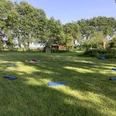 Yin Yoga auf dem Ferienhof Spiegelhaus Yogaunterlagen auf einer sonnigen Wiese, umgeben von Bäumen beim Ferienhof Spiegelhaus in Woltzeten