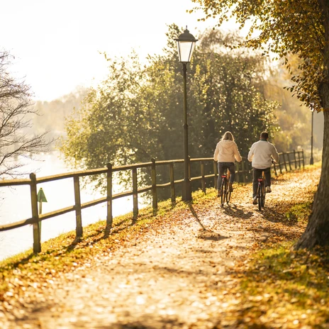 Stadtwall am Dortmund-Ems-Kanal, Meppen - Radfahren im Emsland ©Emsland Tourismus GmbH (4).jpg Zwei Radfahrende auf herbstlichem Uferweg am Dortmund-Ems-Kanal bei warmem Sonnenlicht