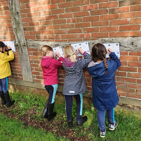 jpg (5).jpg Vier Kinder schreiben an einer Backsteinmauer im Freien auf Arbeitsblätter.