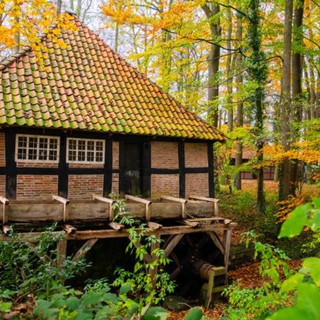 UnterhaltsameTourenMitLerneffekt4.jpg Altes Fachwerkhaus mit Wasserrad in herbstlich gefärbtem Wald zwischen buntem Laub und Bäumen