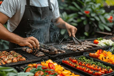 BBQ - Mit Live Cooking auf der Terrasse Barbecue master in a black apron preparing various types of meat and colorful vegetables with barbecue tongs on a barbecue grill, surrounded by fresh ingredients and billows of smoke.