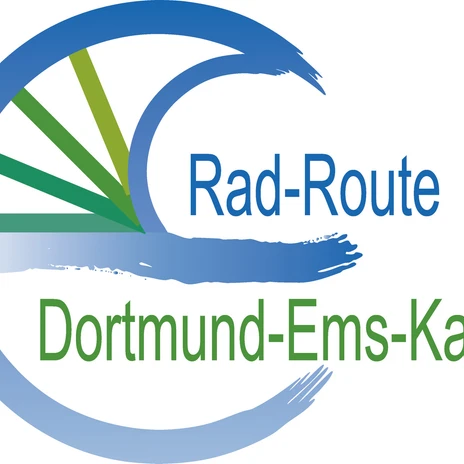 WasserheldenEmsland18.jpg Logo der Rad-Route Dortmund-Ems-Kanal mit stilisiertem blauen C und grünen Linien wie Sonnenstrahlen